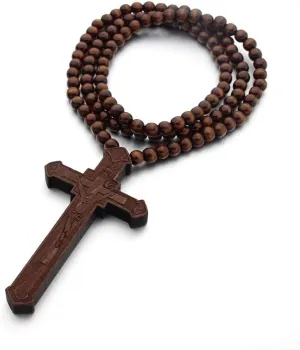 Cross Necklace Wooden For Men Women Large Big Jesus Crucifix Pendant Natural Wood Natural Rosary Beads Chain Necklace Religious Christian Prayer Baptism Jewelry Easter Gift