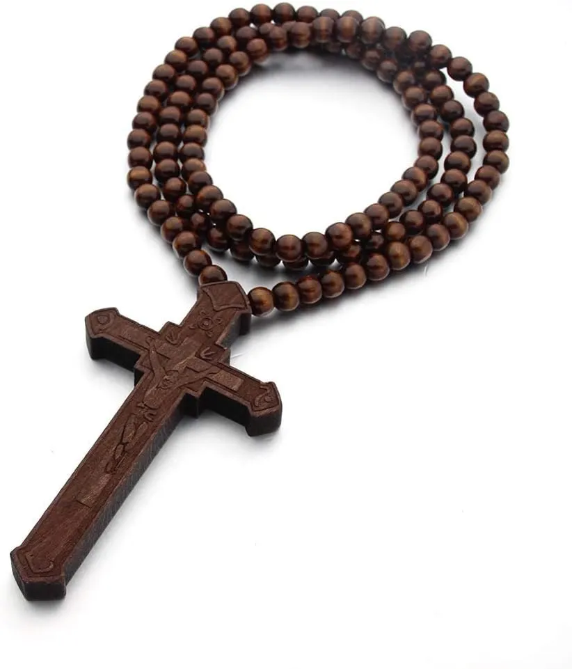 Cross Necklace Wooden For Men Women Large Big Jesus Crucifix Pendant Natural Wood Natural Rosary Beads Chain Necklace Religious Christian Prayer Baptism Jewelry Easter Gift