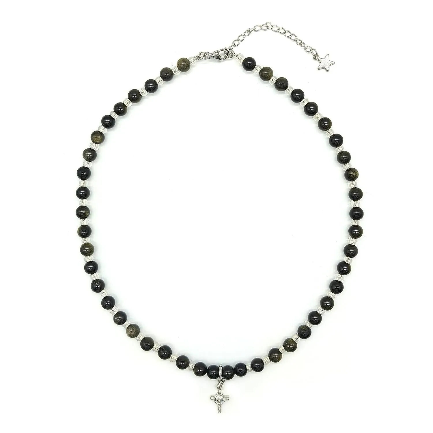 Cross Necklaces Golden Black Obsidian Beads(42 5cm) Length Stacked&Statement Necklace Healing Crystal Handmade Design Gifts or Jewelry for Bestfriend& Couple Detachable Pendant Copper Zircon Cross