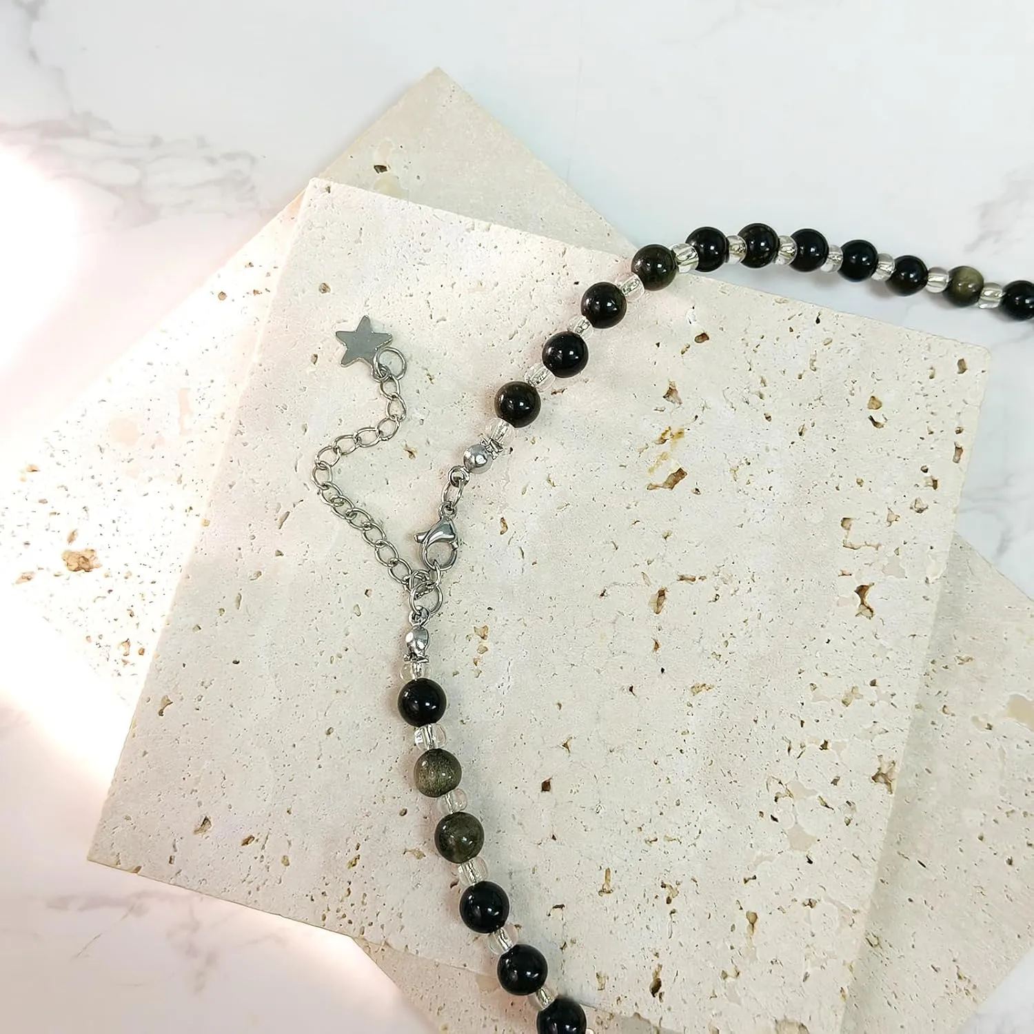 Cross Necklaces Golden Black Obsidian Beads(42 5cm) Length Stacked&Statement Necklace Healing Crystal Handmade Design Gifts or Jewelry for Bestfriend& Couple Detachable Pendant Copper Zircon Cross