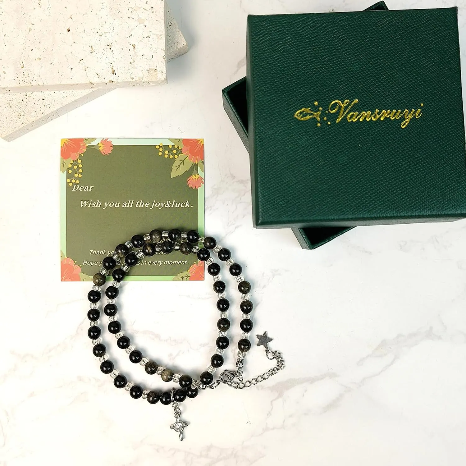 Cross Necklaces Golden Black Obsidian Beads(42 5cm) Length Stacked&Statement Necklace Healing Crystal Handmade Design Gifts or Jewelry for Bestfriend& Couple Detachable Pendant Copper Zircon Cross
