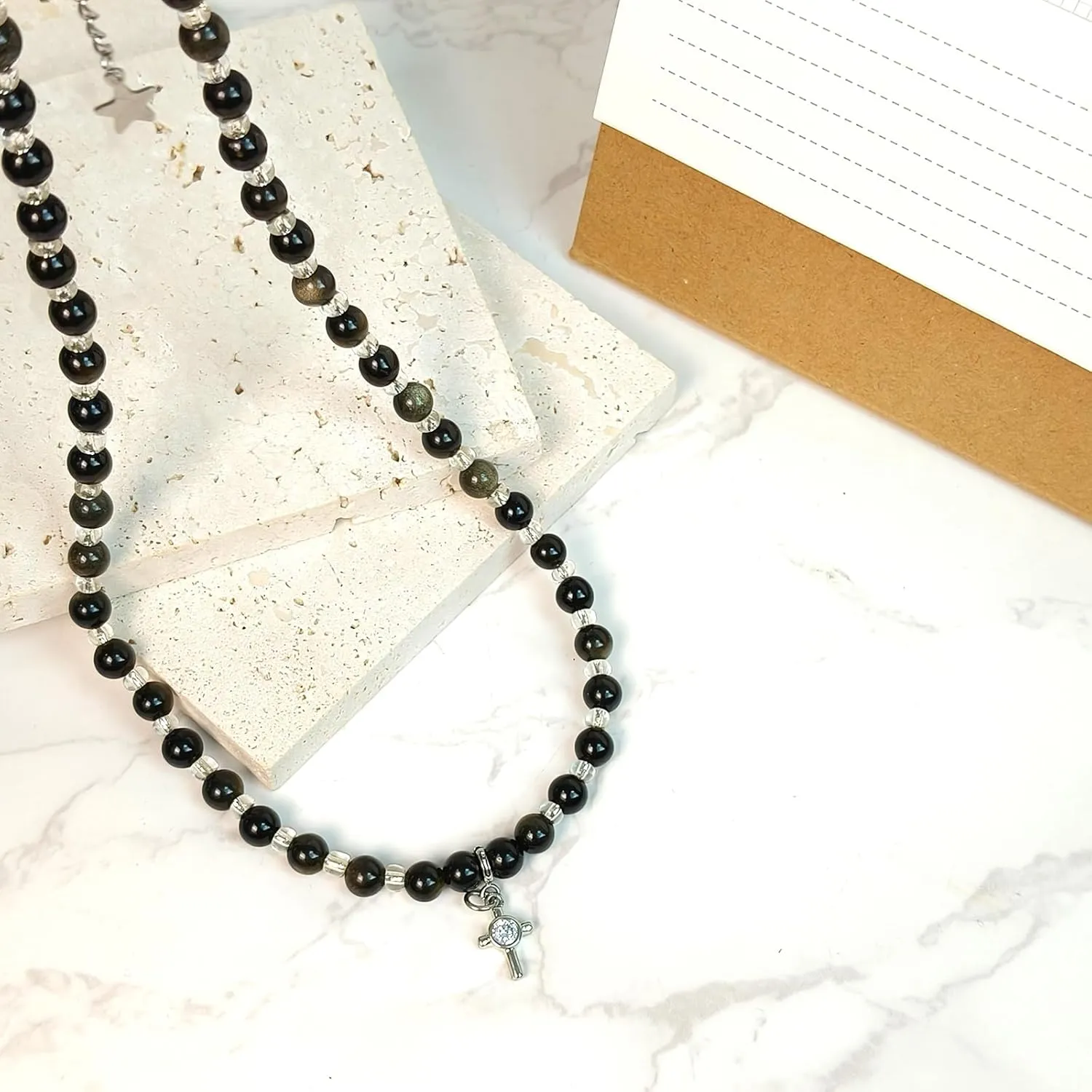 Cross Necklaces Golden Black Obsidian Beads(42 5cm) Length Stacked&Statement Necklace Healing Crystal Handmade Design Gifts or Jewelry for Bestfriend& Couple Detachable Pendant Copper Zircon Cross