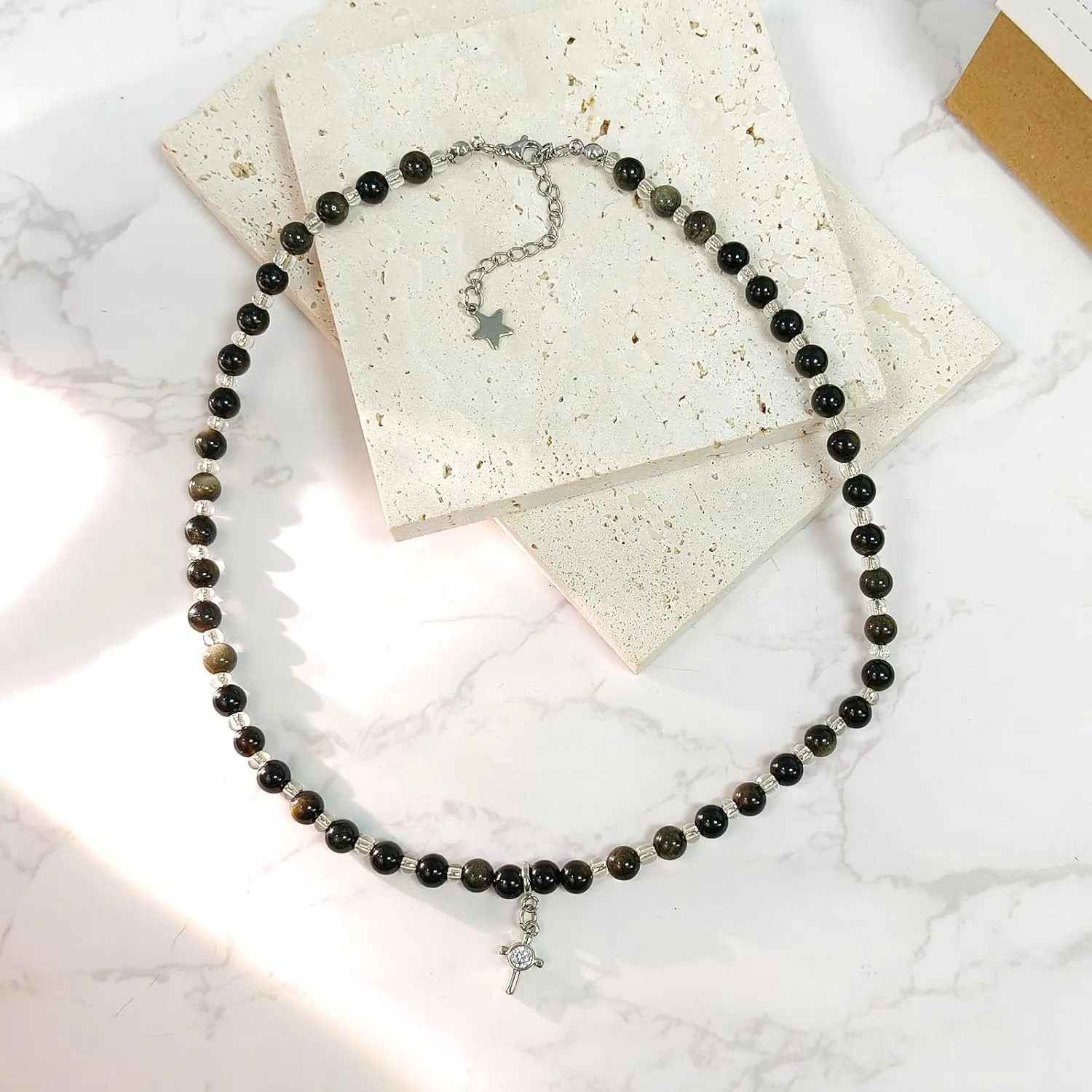 Cross Necklaces Golden Black Obsidian Beads(42 5cm) Length Stacked&Statement Necklace Healing Crystal Handmade Design Gifts or Jewelry for Bestfriend& Couple Detachable Pendant Copper Zircon Cross