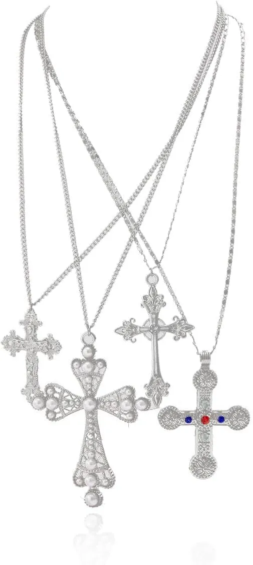 Cross Pendant Necklace Set for Women Punk Grunge Imitation Pearl Cross Layered Chain Necklace Statement Y2K Jewelry