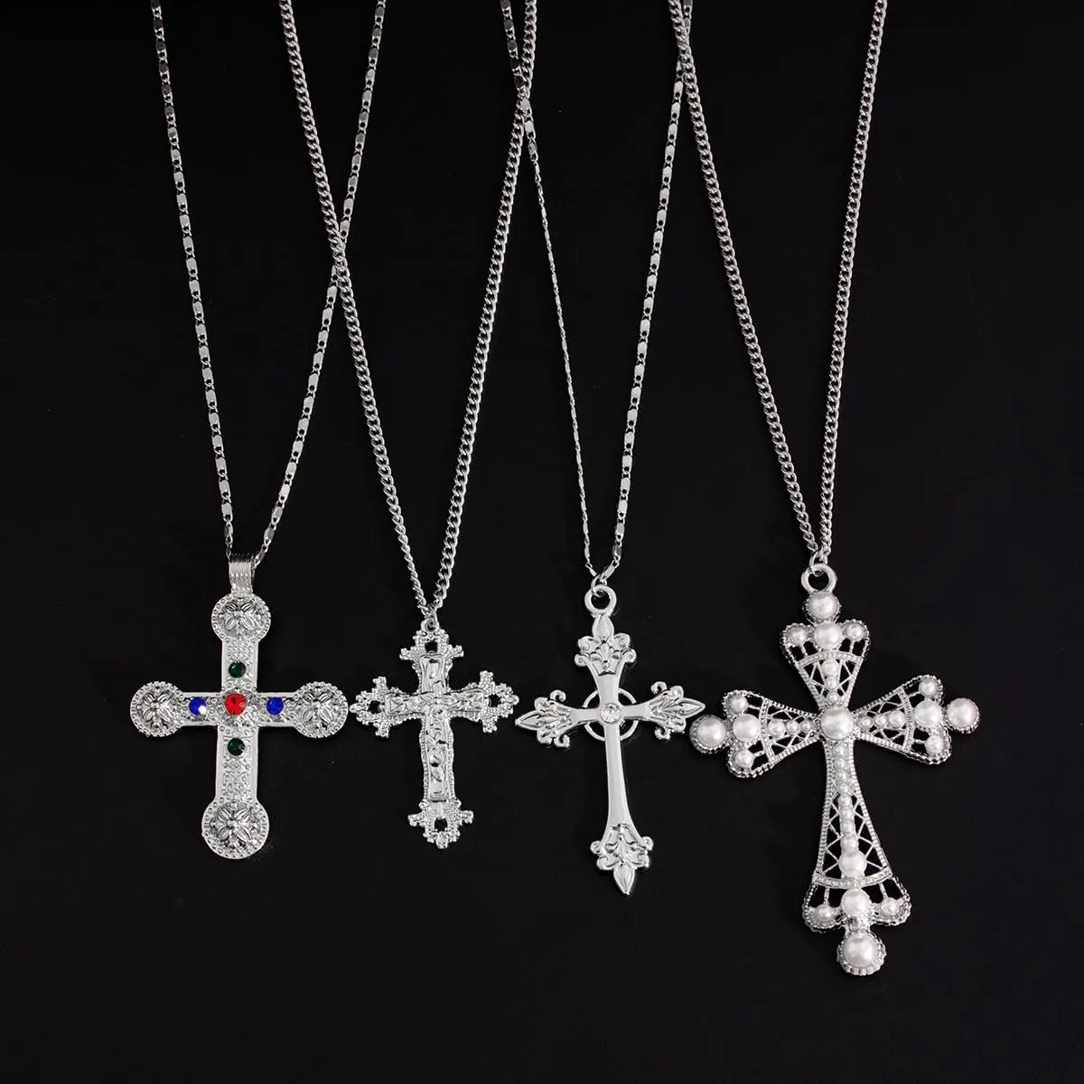 Cross Pendant Necklace Set for Women Punk Grunge Imitation Pearl Cross Layered Chain Necklace Statement Y2K Jewelry