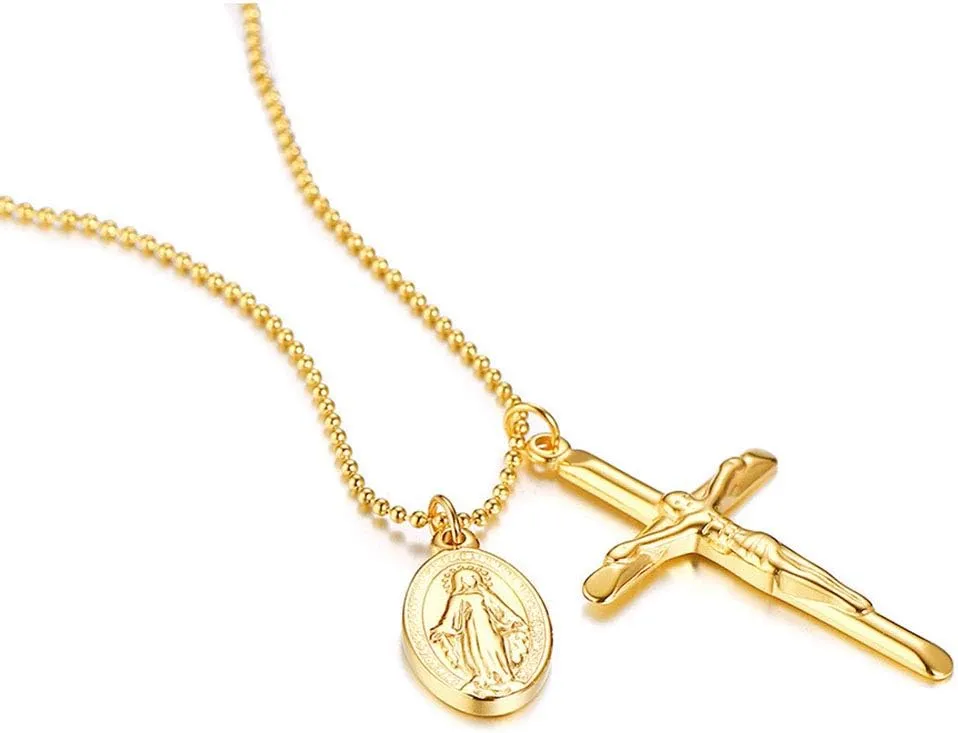 Crucifix Cross Christ on INRI Baptism Christian Catholic Virgin Mary Pendant Necklace for Women Dainty Stainless Steel 18K Gold Plated Chain Jewelry
