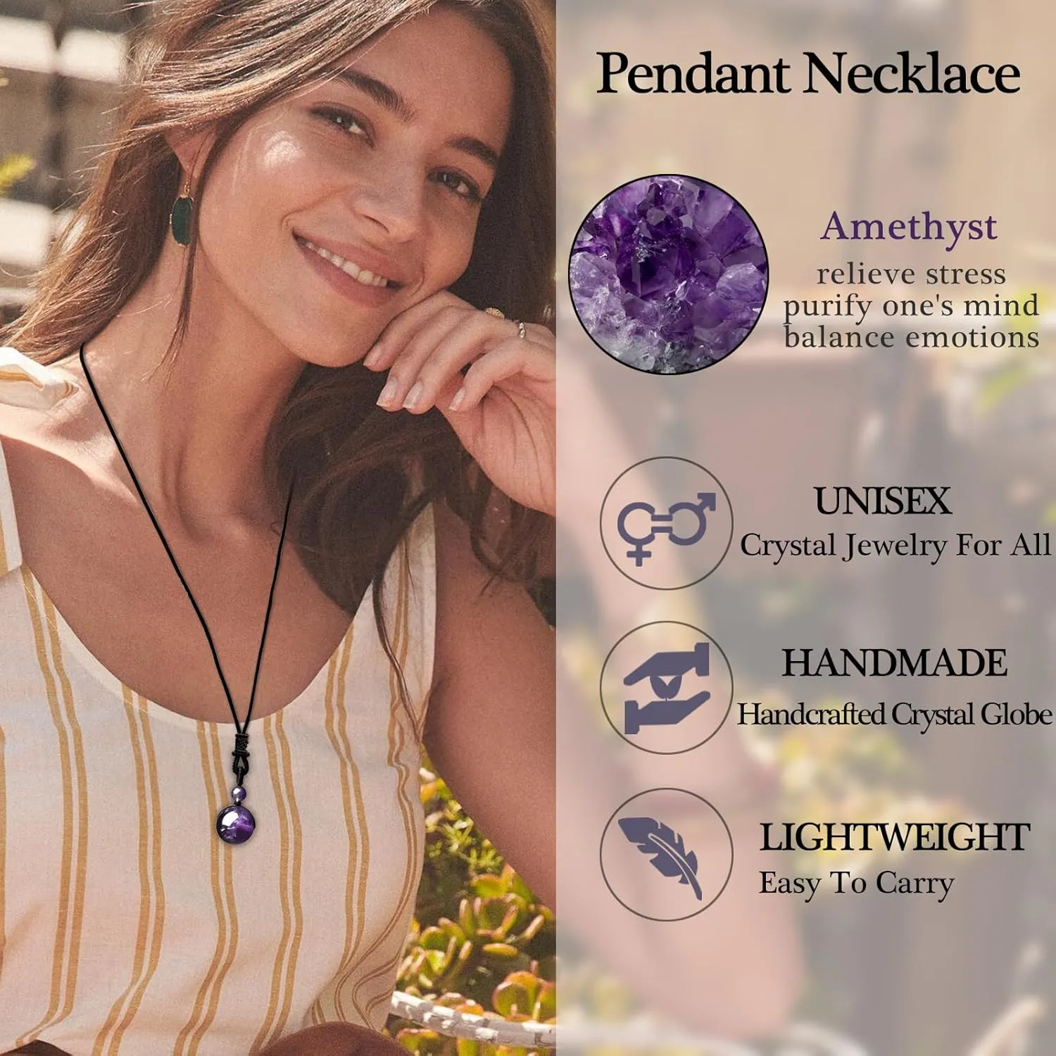 Crystal Necklaces for Women Men, Tigers Eye Amethyst Obsidian Round Necklace for Protection, Crystals and Healing Stones Pendant Jewelry for Spiritual