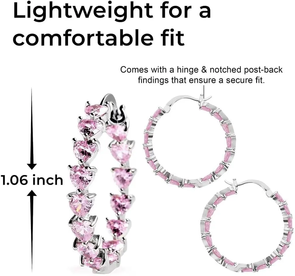 Cubic Zirconia Heart Hoop Earrings for Women - Inside Out Hoops Fun Unique Jewelry Ct 13.25 - Anniversary Birthday Gifts
