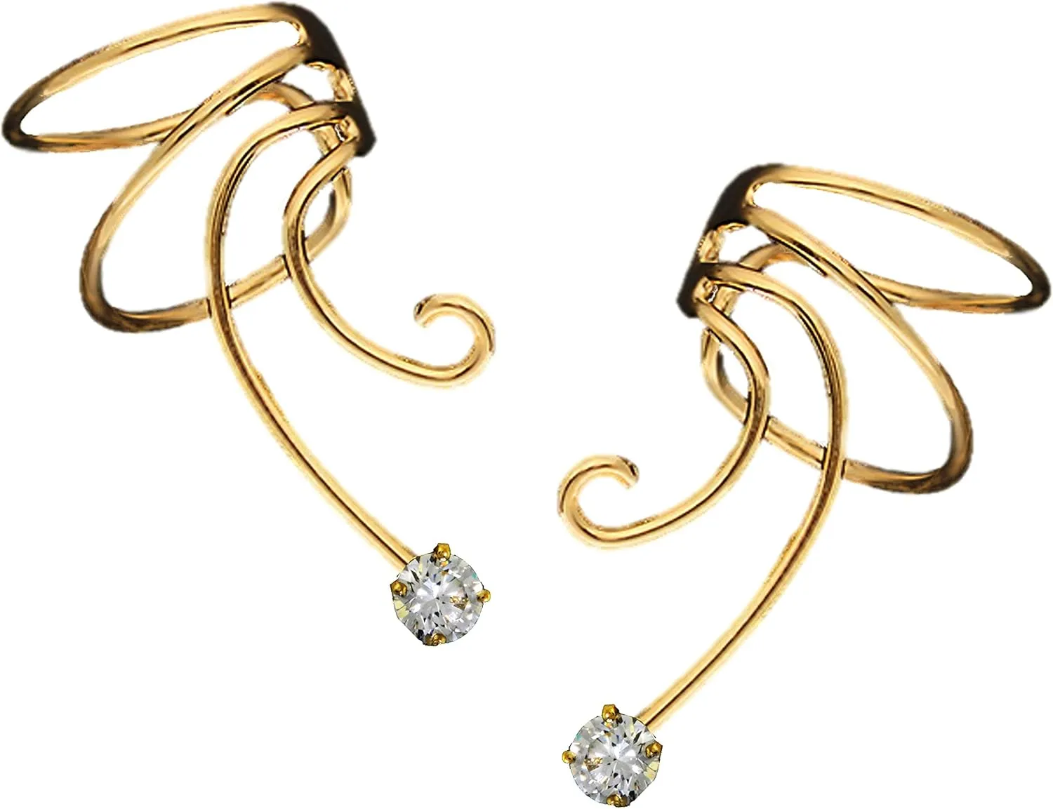 Cubic Zirconia Pair Gold On Sterling Non-pierced Wave Ear Cuff Earrings