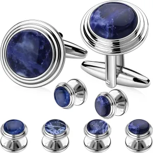 Cufflinks and Tuxedo Studs Set with Gift Box, Silver and Gold Tone Cuff Links for Men's Shirt Wedding Business
