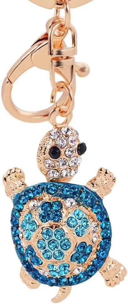 Cute Blue Turtle Shape Crystal Rhinestone Sparkling Blingbling Tortoise Keychain Bag Pendant Handbag Charm for Women Girls