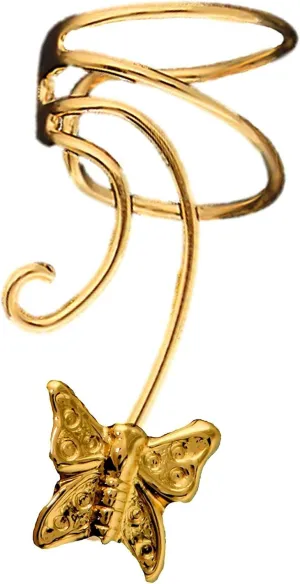 Cute Butterfly Short Curl Wave Ear Cuff NON-Pierced Left Earring Wrap in Gold on Silver