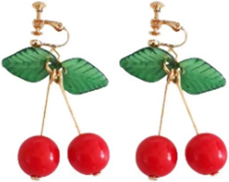 Cute Cherry Clip on Fruit Earrings for Women Red Cherry Ear Clips Dangle Drop Jewelry 