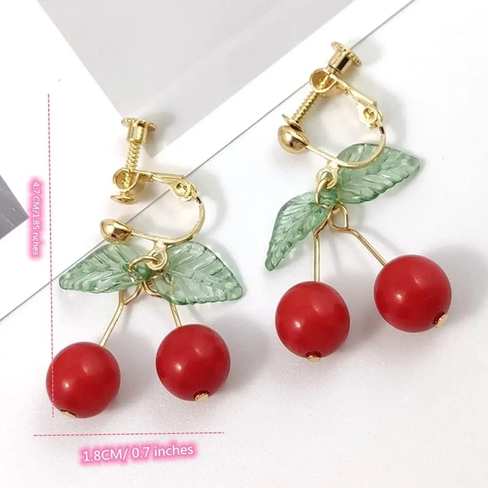 Cute Cherry Clip on Fruit Earrings for Women Red Cherry Ear Clips Dangle Drop Jewelry 