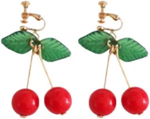 Cute Cherry Clip on Fruit Earrings for Women Red Cherry Ear Clips Dangle Drop Jewelry 