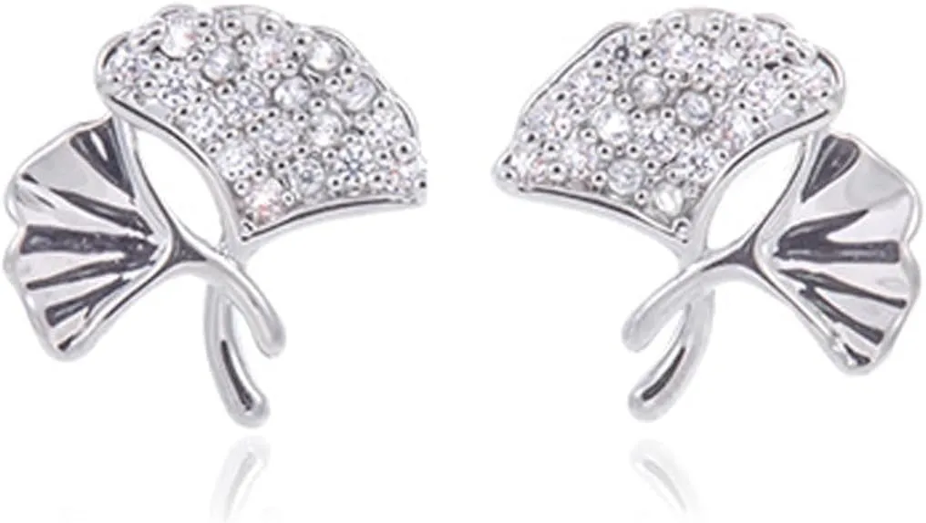 Cute CZ Ginko Leaf Stud Earrings for Women 925 Sterling Silver Gold Plated Ginkgo Leaves Studs Earring Fashion Crystals Chic Cartilage Tragus Body Piercing Jewelry for Mother Sister