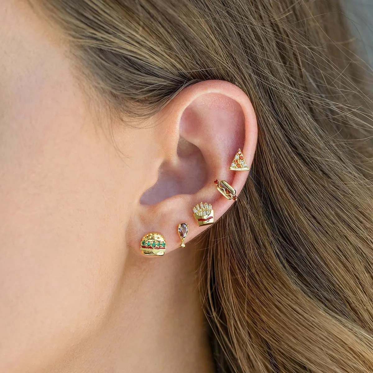 Cute Earrings for Women 14K Gold Plated Hamburger Hot Dog Pizza Croissant Chips Stud Earrings Funny Food Small Earrings Lovely Birthday Gift