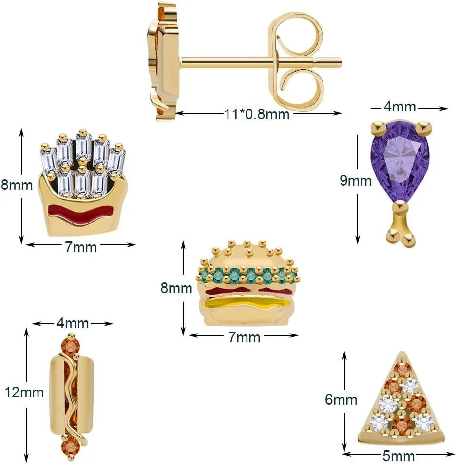Cute Earrings for Women 14K Gold Plated Hamburger Hot Dog Pizza Croissant Chips Stud Earrings Funny Food Small Earrings Lovely Birthday Gift