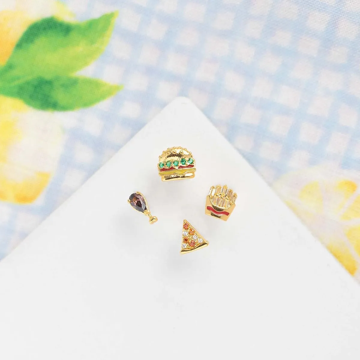 Cute Earrings for Women 14K Gold Plated Hamburger Hot Dog Pizza Croissant Chips Stud Earrings Funny Food Small Earrings Lovely Birthday Gift
