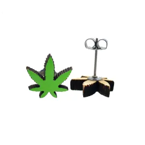 Cute Little Green Wooden Pot Leaf Stud Earrings with Nickel Free Titanium Posts, Stoner Girl 420 Marijuana Joint Jewelry