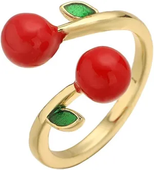 Cute Red Cherry Ring for Women Charm 14k Gold Plated Colorful Enamel Food Fruit Lovely Sweet Statement Adjustable Open Band Finger Ring Comfort Fit Fashion Jewelry