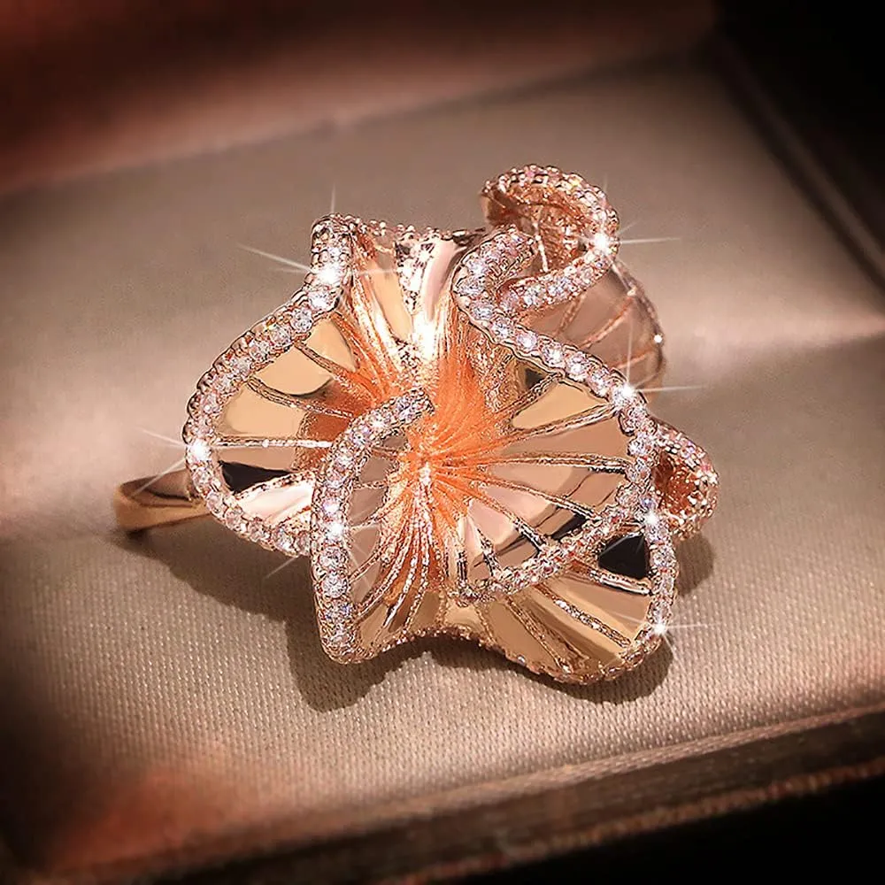 CZ Camellia Flower Promise Ring for Women Girls Rose Gold Plated Crystal Wave Leaf Statement Band Rings Comfort Fit Elegant Wedding Birthday Party Jewelry