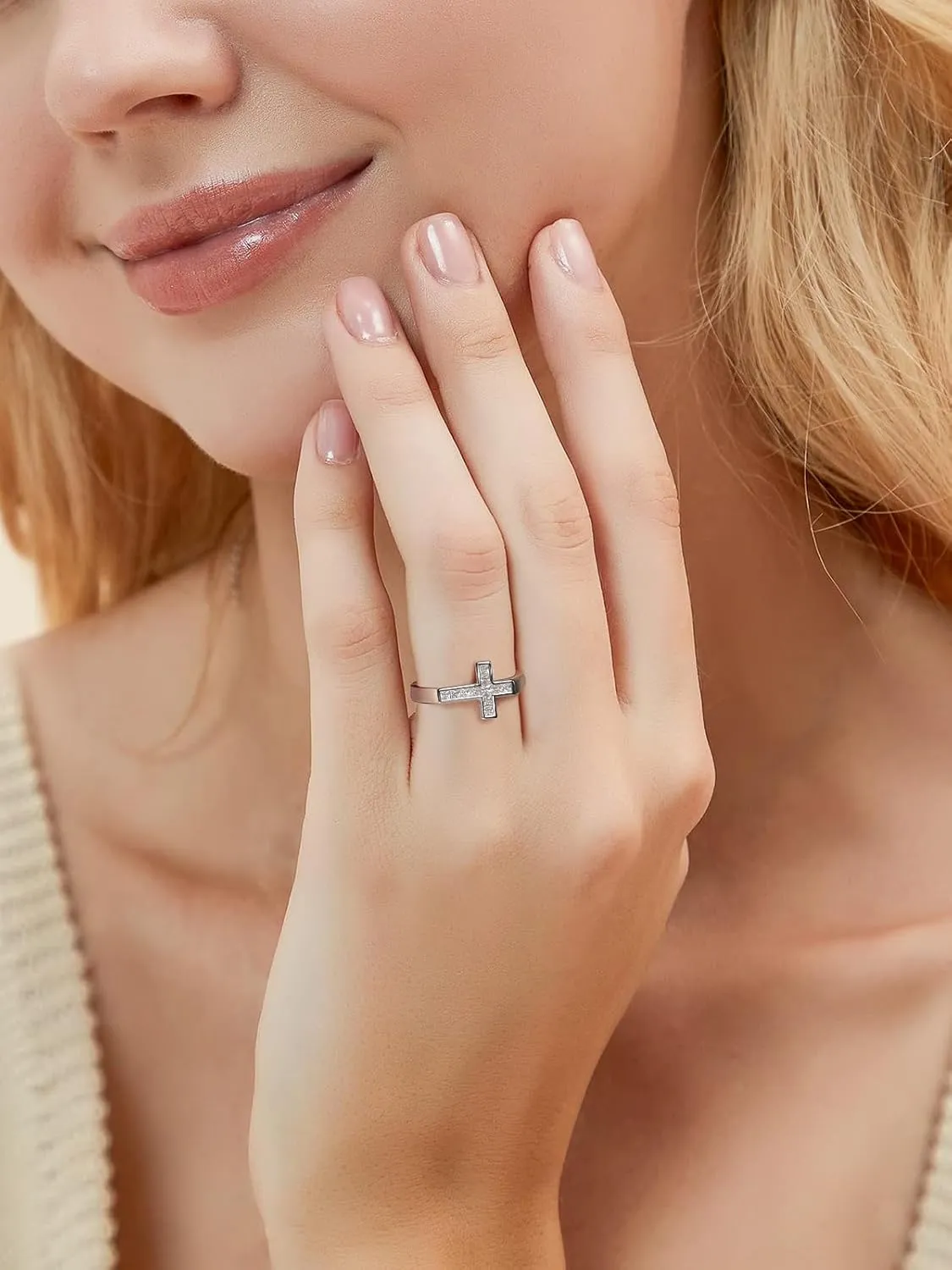 D Color VVS1 Clarity Moissanite Cross Rings for Women Men, Pretty and Elegant Stackable Cross Ring, Solid 925 Sterling Silver with Rhodium Finish, Wedding Band Aniversary Jewelry, Size4-11