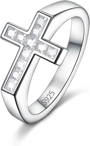 D Color VVS1 Clarity Moissanite Cross Rings for Women Men, Pretty and Elegant Stackable Cross Ring, Solid 925 Sterling Silver with Rhodium Finish, Wedding Band Aniversary Jewelry, Size4-11