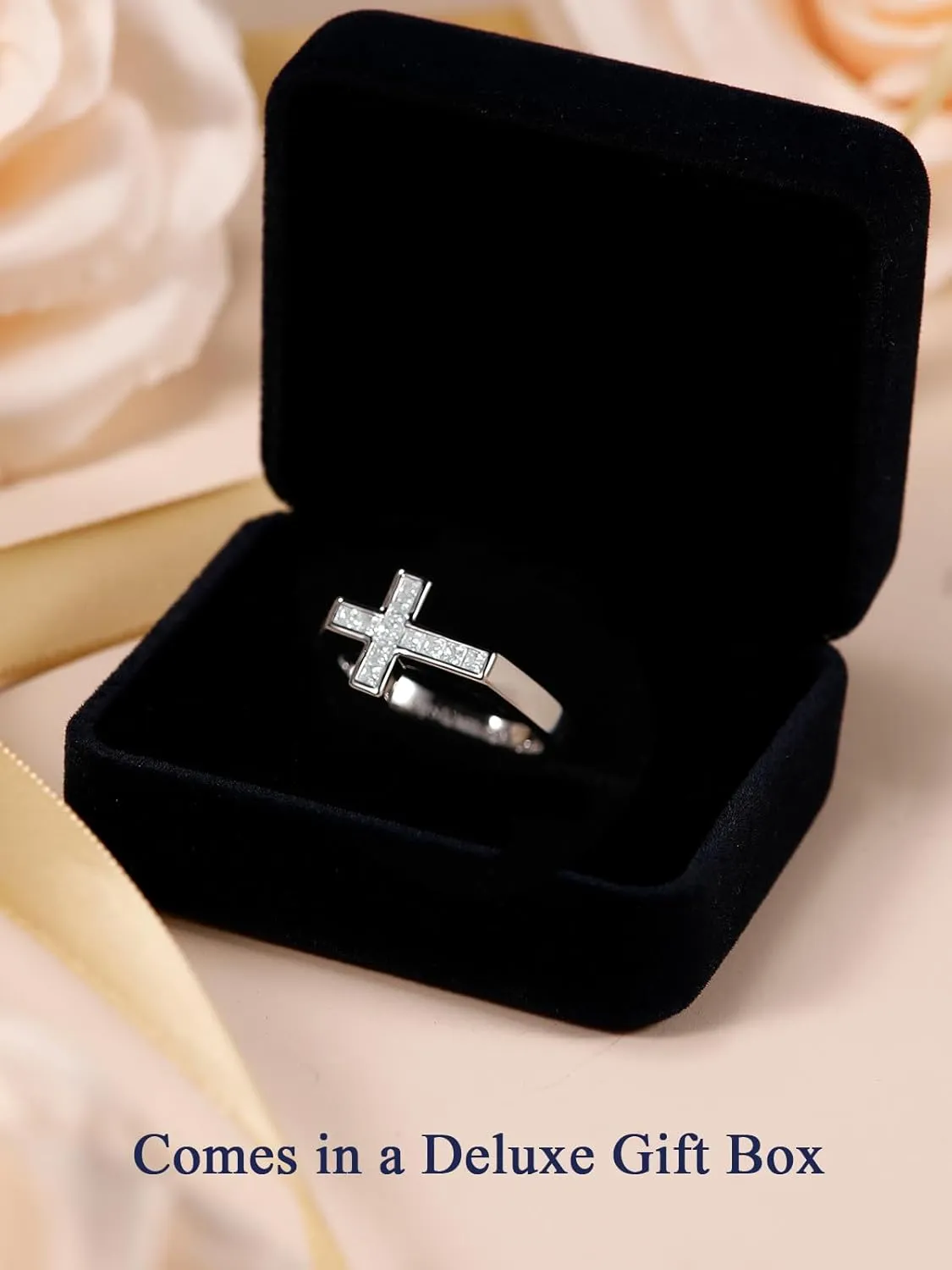 D Color VVS1 Clarity Moissanite Cross Rings for Women Men, Pretty and Elegant Stackable Cross Ring, Solid 925 Sterling Silver with Rhodium Finish, Wedding Band Aniversary Jewelry, Size4-11