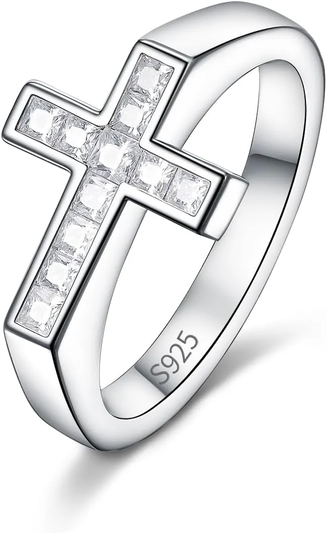 D Color VVS1 Clarity Moissanite Cross Rings for Women Men, Pretty and Elegant Stackable Cross Ring, Solid 925 Sterling Silver with Rhodium Finish, Wedding Band Aniversary Jewelry, Size4-11