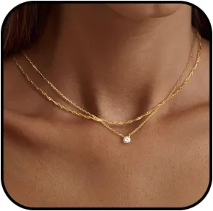 Dainty Gold Layered Necklace for Women Adjustable Rhinestone Choker Necklace Cute Moissanite Pendant Necklace Birthday Anniversary Jewelry