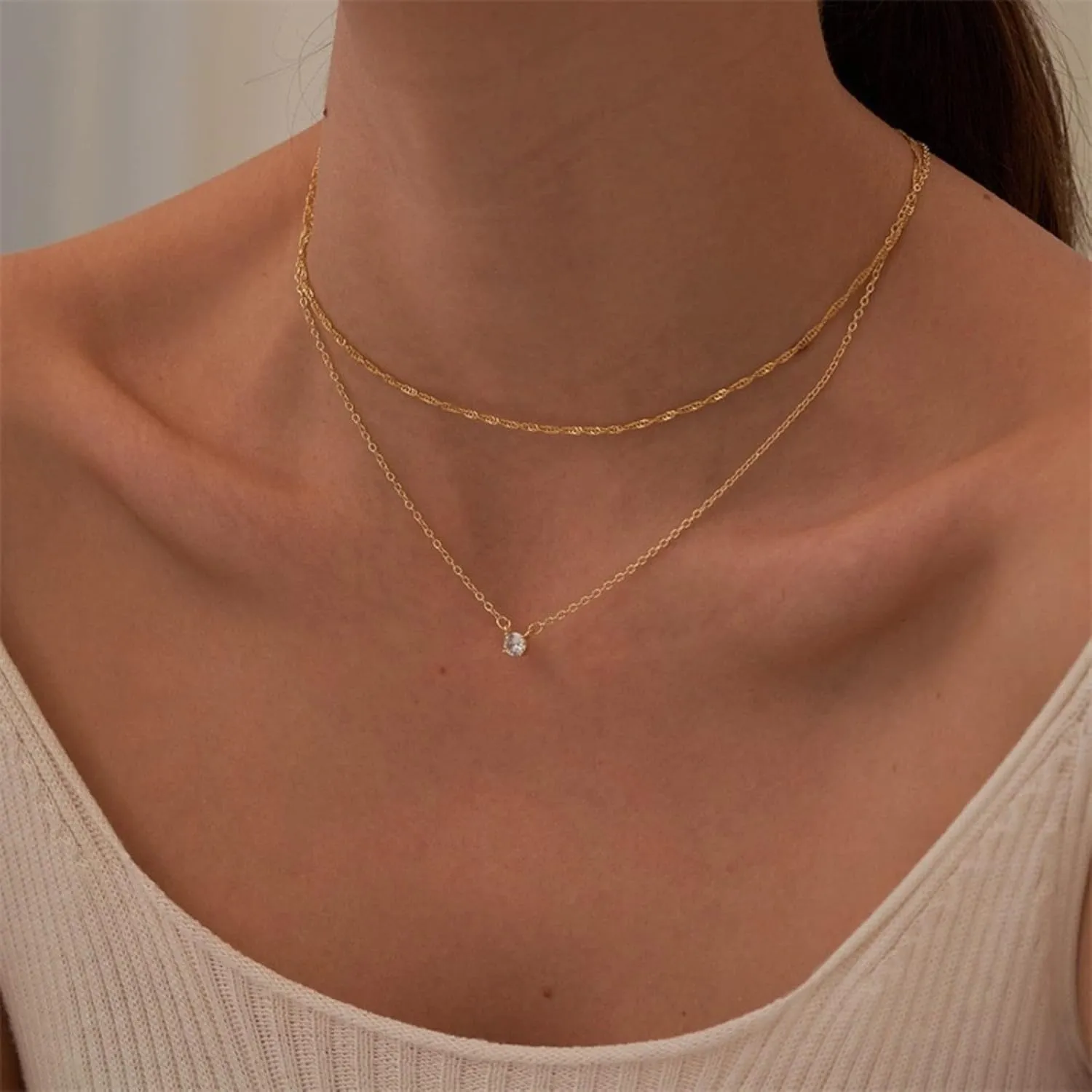 Dainty Gold Layered Necklace for Women Adjustable Rhinestone Choker Necklace Cute Moissanite Pendant Necklace Birthday Anniversary Jewelry