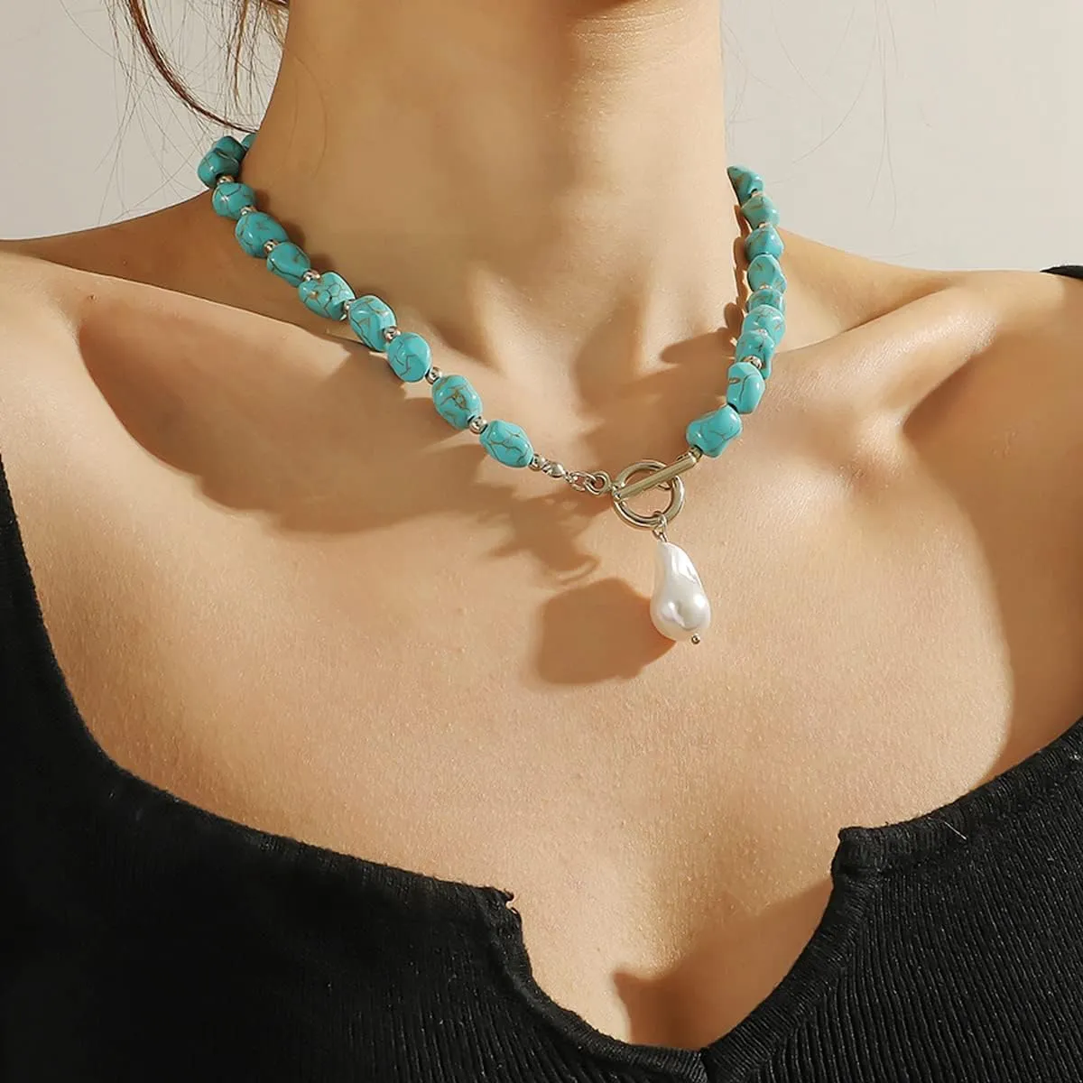 Dainty Layered Choker Necklace Bohemian Turquoise Necklace 14K Gold Plated Dainty Y Pendant Necklace Beach Fashion Pendant Choker