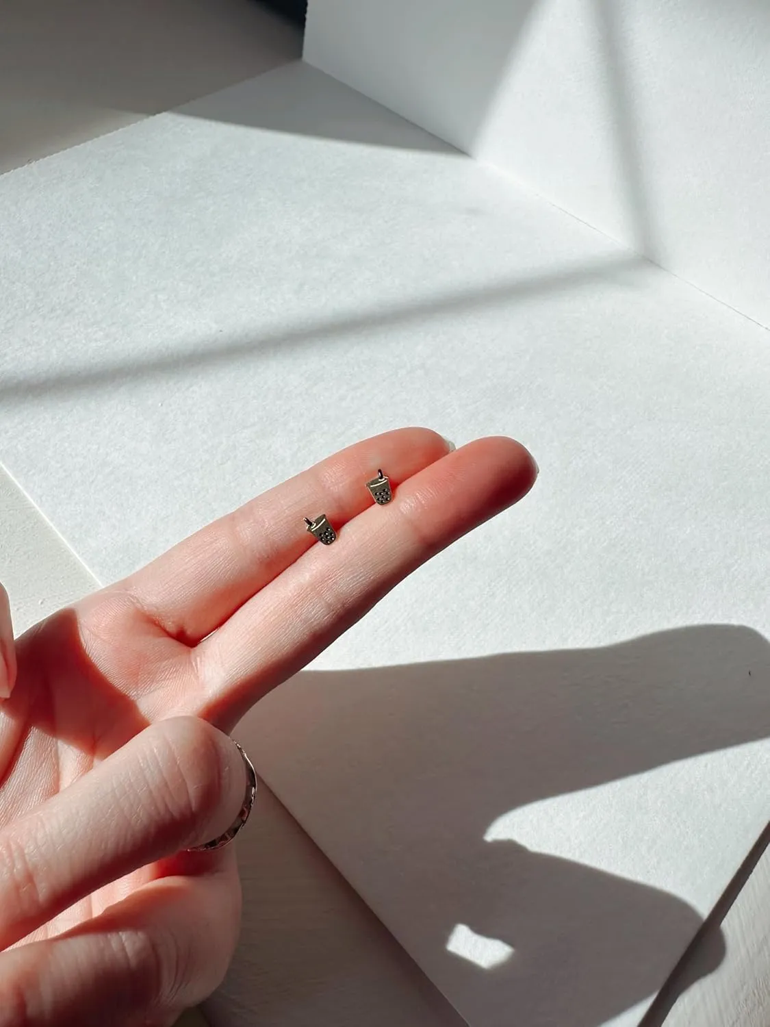 Dainty Little Tiny Things Asian Takeout - Boba Milk Tea Stud Earrings, Black Plated Cute Glass Jar Packaging  Plastic-Free - Foodie Gift, 18k Gold Plated