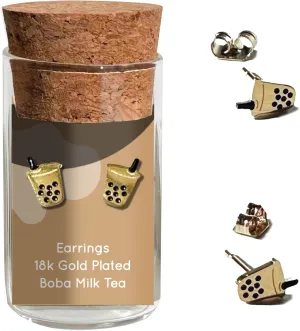 Dainty Little Tiny Things Asian Takeout - Boba Milk Tea Stud Earrings, Black Plated Cute Glass Jar Packaging  Plastic-Free - Foodie Gift, 18k Gold Plated