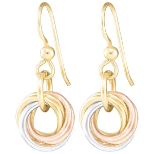 Dainty Tricolor Love Knot Dangle Earrings with 925 Sterling Silver and 14K Yellow and Rose Gold-Filled Circles Unique Three Tone Minimalist Jewelry Gift Idea for Women (French Wire)