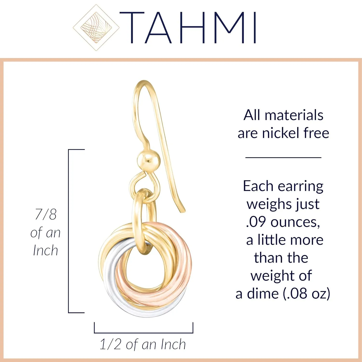 Dainty Tricolor Love Knot Dangle Earrings with 925 Sterling Silver and 14K Yellow and Rose Gold-Filled Circles Unique Three Tone Minimalist Jewelry Gift Idea for Women (French Wire)