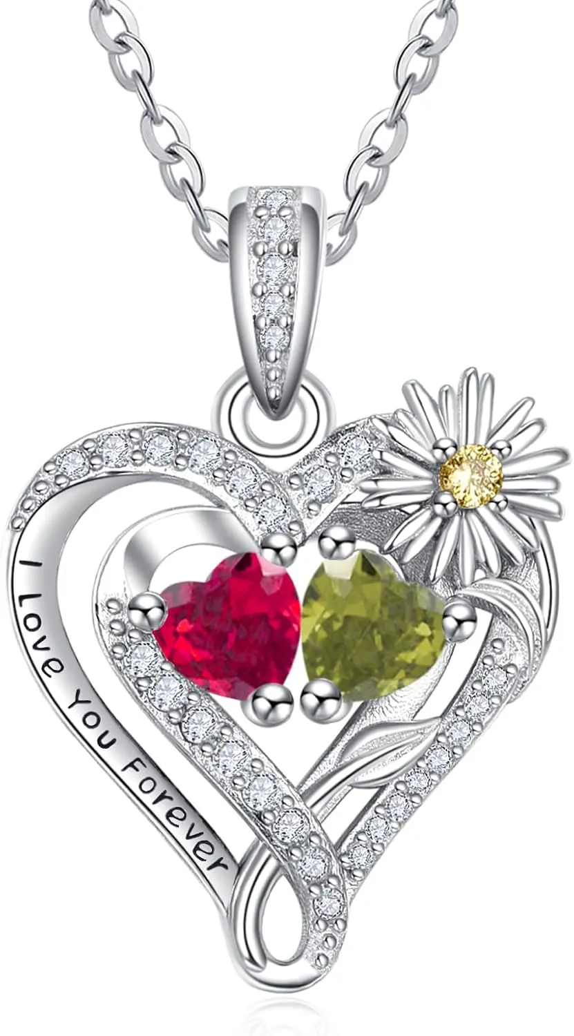 Daisy Heart Birthstone Necklaces for Women, 925 Sterling Silver Women Pendant Necklace, Birthday Jewelry Gifts for Wife Mom Grandma Daughter