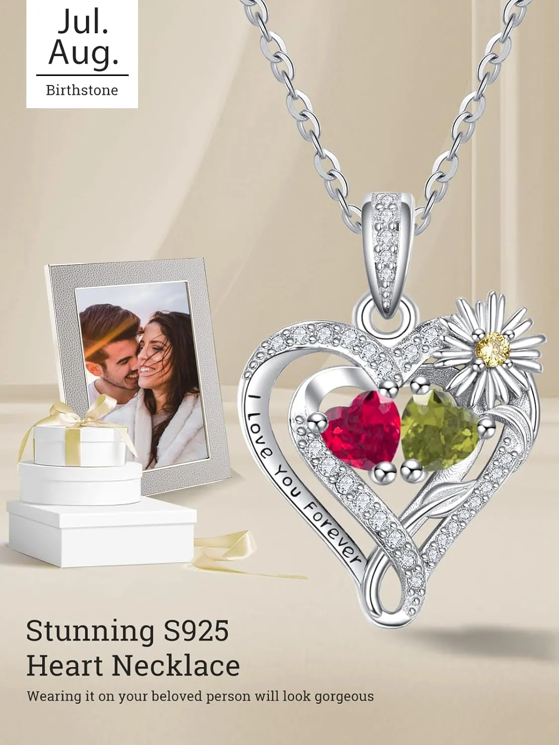 Daisy Heart Birthstone Necklaces for Women, 925 Sterling Silver Women Pendant Necklace, Birthday Jewelry Gifts for Wife Mom Grandma Daughter