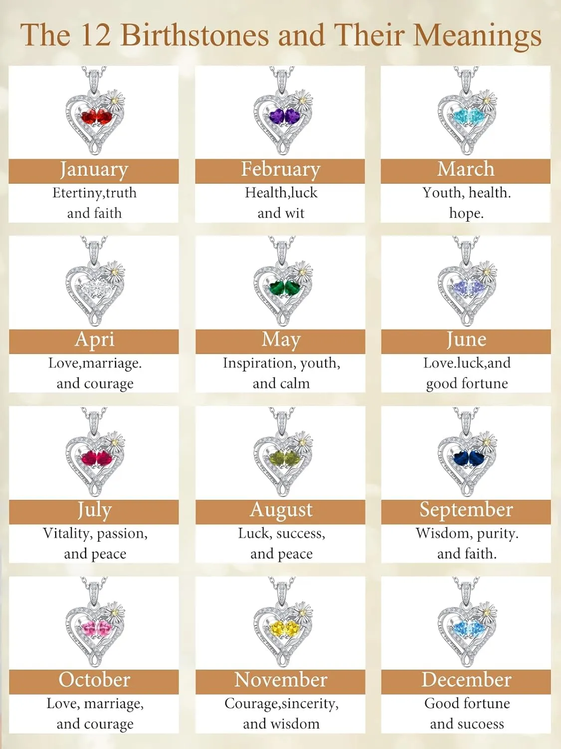 Daisy Heart Birthstone Necklaces for Women, 925 Sterling Silver Women Pendant Necklace, Birthday Jewelry Gifts for Wife Mom Grandma Daughter