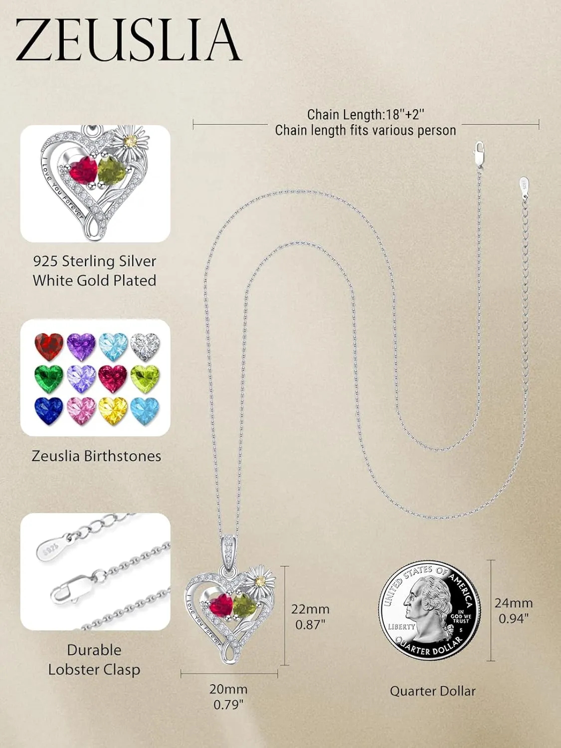 Daisy Heart Birthstone Necklaces for Women, 925 Sterling Silver Women Pendant Necklace, Birthday Jewelry Gifts for Wife Mom Grandma Daughter