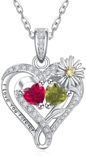 Daisy Heart Birthstone Necklaces for Women, 925 Sterling Silver Women Pendant Necklace, Birthday Jewelry Gifts for Wife Mom Grandma Daughter