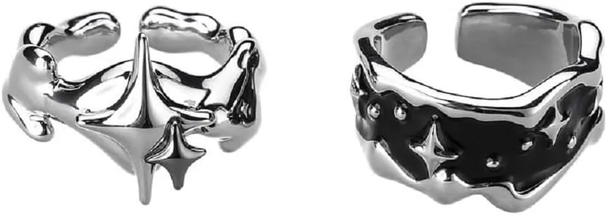DATOA 2 Pcs Set Y2k Star Rings For Women Irregular Adjustable Open Ring Vintage Punk Grunge Gothic Goth Rhinestone Star Thorn Heart Cross Ring