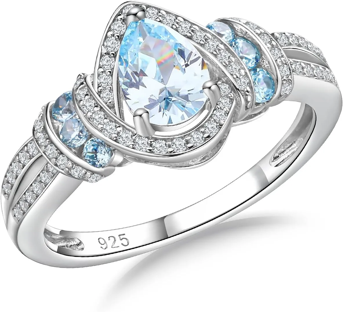 DAYBYDAY Pear Birthstone Rings for Women 925 Sterling Silver Created Gemstome Pear Shaped Engagement Ring Split Shank Anniversary Wedding Rings for Women Size 6-10