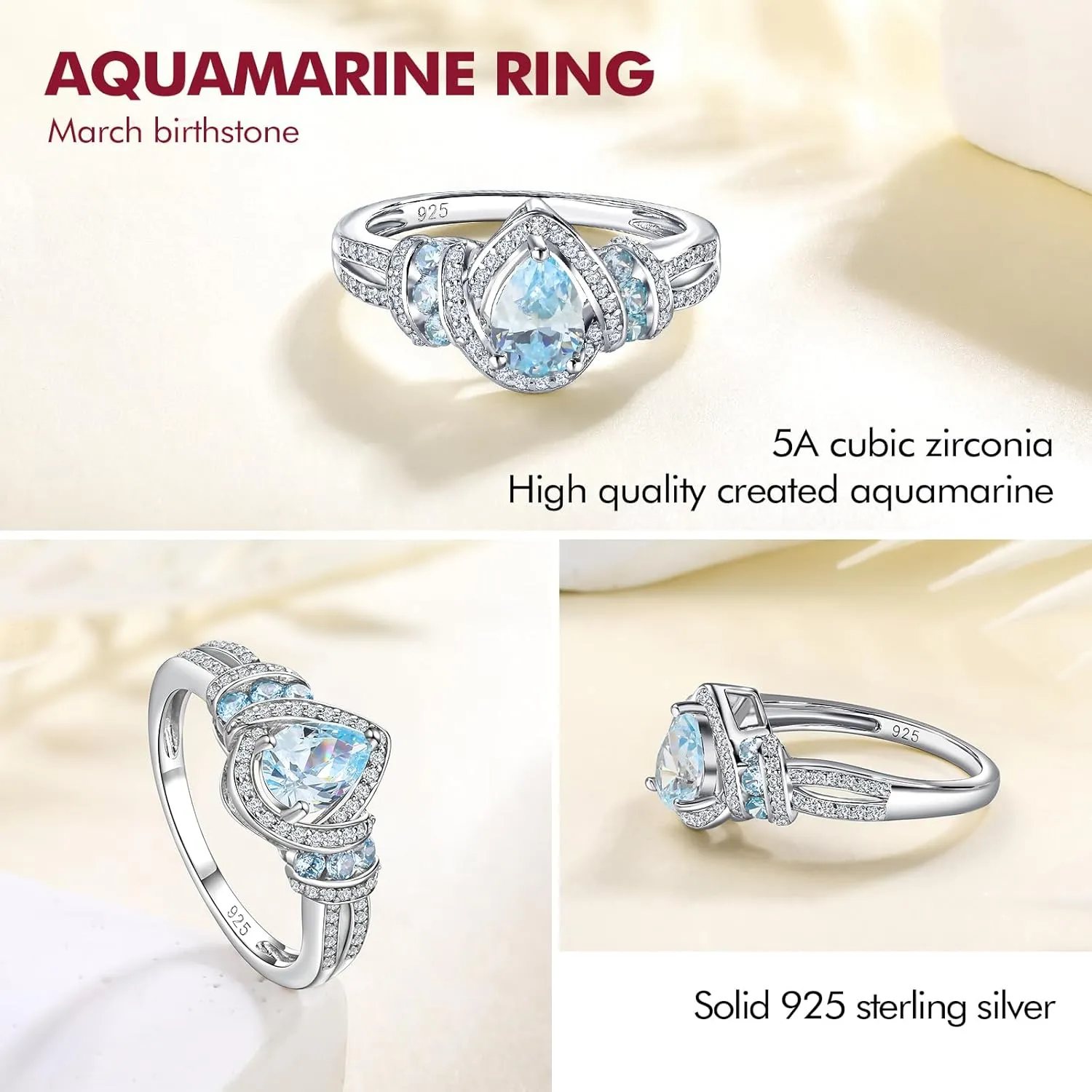 DAYBYDAY Pear Birthstone Rings for Women 925 Sterling Silver Created Gemstome Pear Shaped Engagement Ring Split Shank Anniversary Wedding Rings for Women Size 6-10