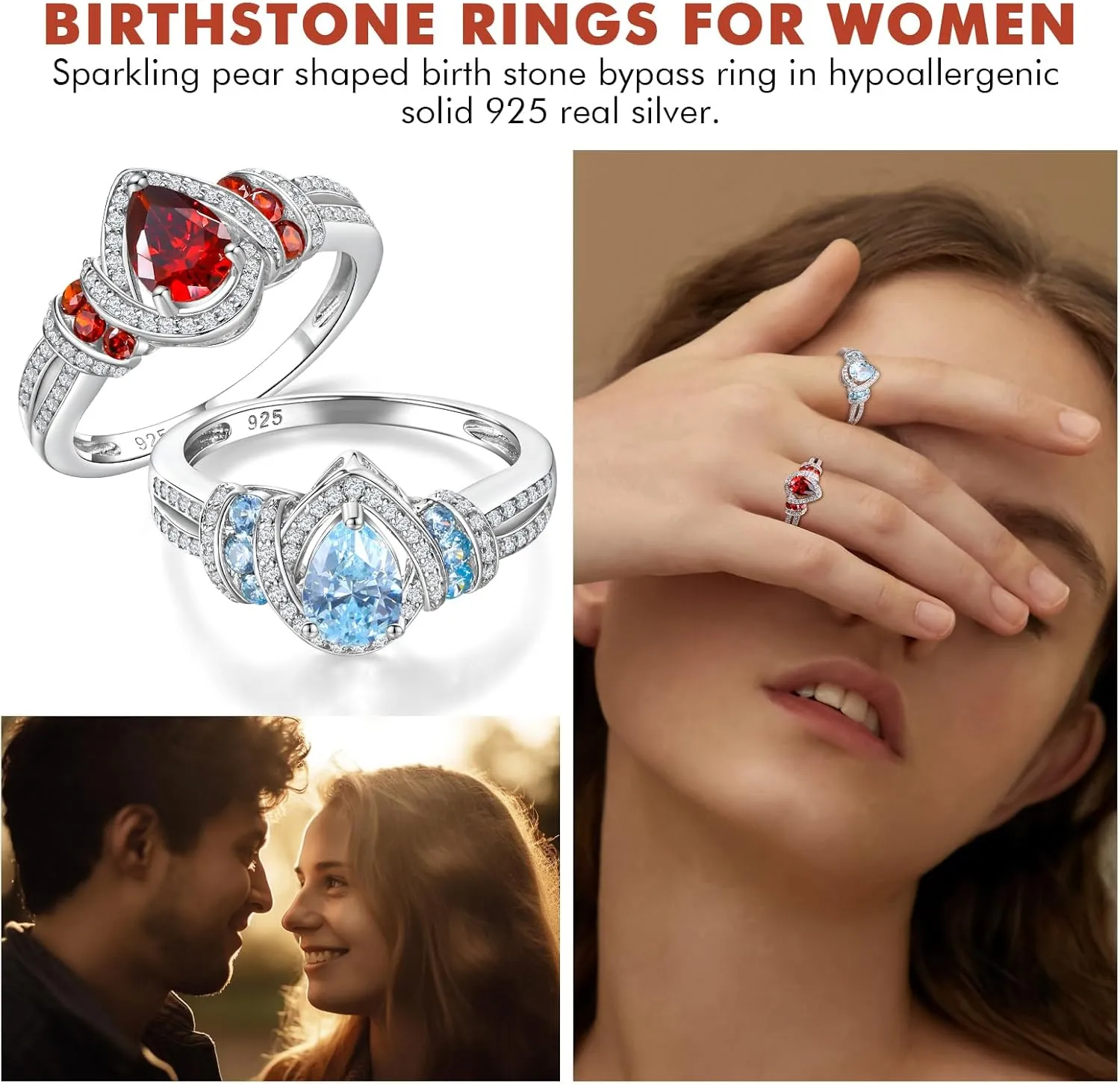 DAYBYDAY Pear Birthstone Rings for Women 925 Sterling Silver Created Gemstome Pear Shaped Engagement Ring Split Shank Anniversary Wedding Rings for Women Size 6-10