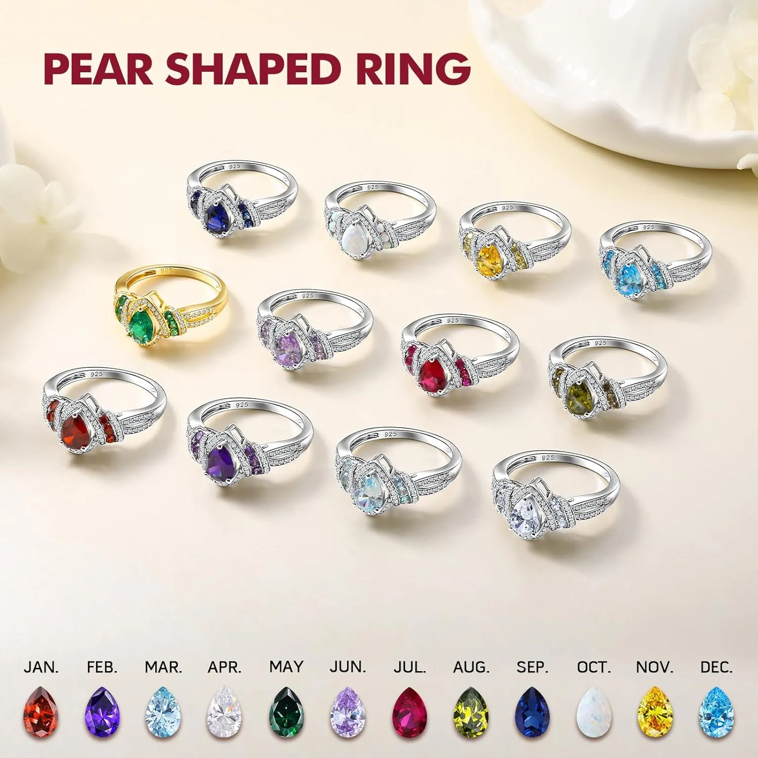 DAYBYDAY Pear Birthstone Rings for Women 925 Sterling Silver Created Gemstome Pear Shaped Engagement Ring Split Shank Anniversary Wedding Rings for Women Size 6-10
