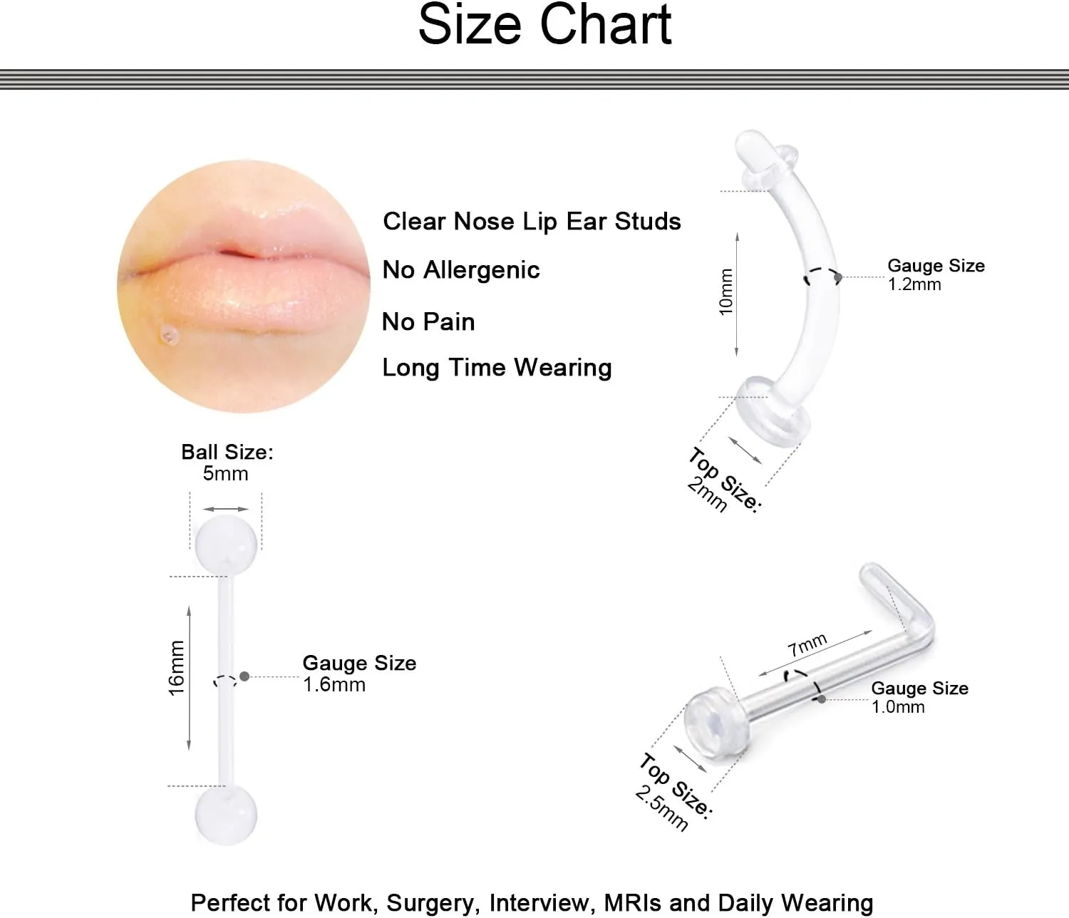 D.Bella 14G 16G 18G 20G Clear Flexible Bioplast Retainer Navel Belly Ring Eyebrow Tongue Nipple Barbell Nose Lip Labret Stud