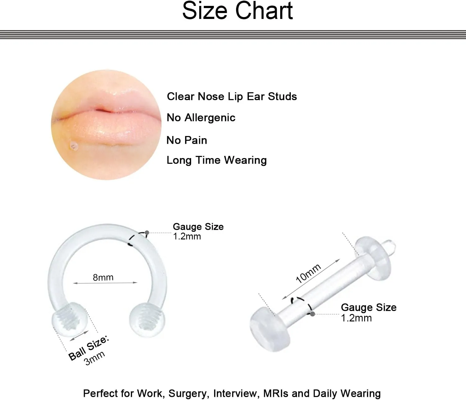 D.Bella 14G 16G 18G 20G Clear Flexible Bioplast Retainer Navel Belly Ring Eyebrow Tongue Nipple Barbell Nose Lip Labret Stud