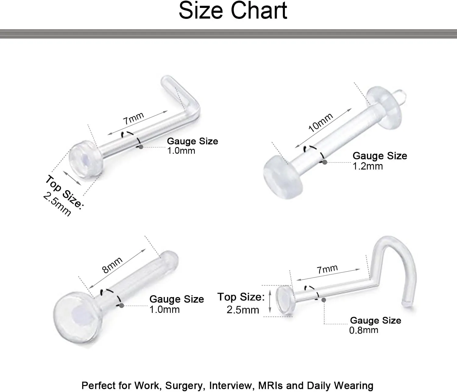 D.Bella 14G 16G 18G 20G Clear Flexible Bioplast Retainer Navel Belly Ring Eyebrow Tongue Nipple Barbell Nose Lip Labret Stud